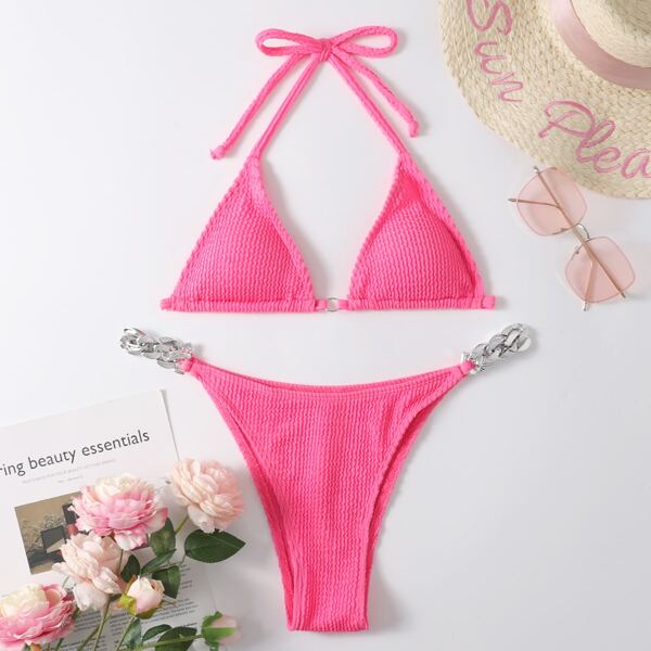 

Textured Triangle Thong Bikini Swimsuit, Hot pink