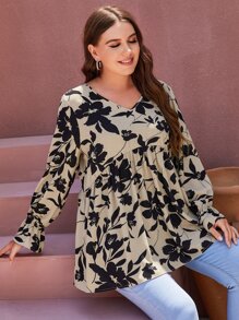 SHEIN LUNE Plus Floral Print Flounce Sleeve Blouse - Multicolor - View 1