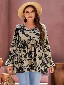 SHEIN LUNE Plus Floral Print Flounce Sleeve Blouse - Multicolor - View 3