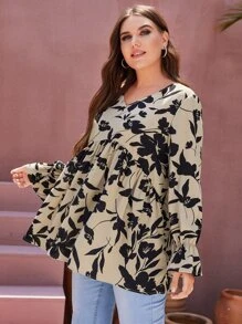 SHEIN LUNE Plus Floral Print Flounce Sleeve Blouse - Multicolor - View 5
