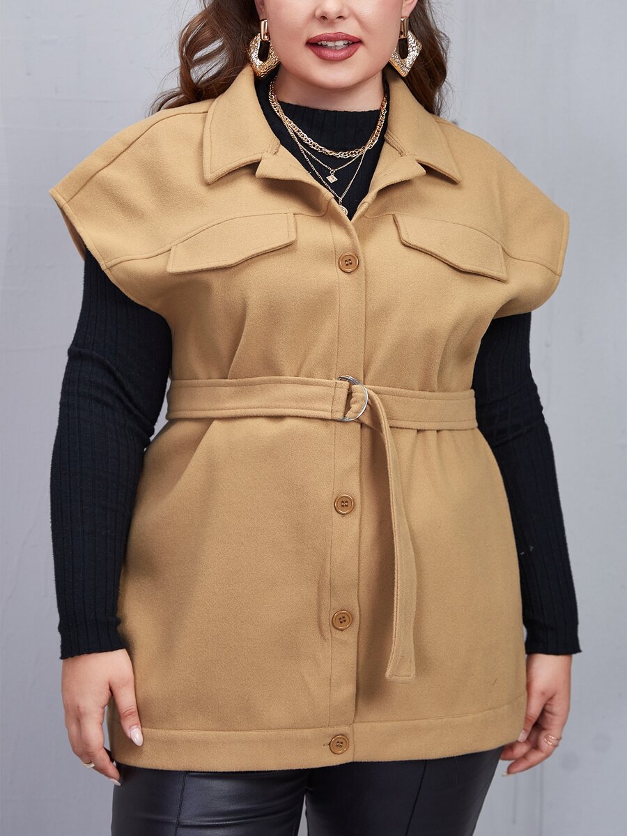 Plus Button Front Belted Overcoat