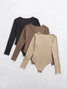 EMERY ROSE 3 piezas Bodys de camiseta sólida para otoño para mujeres