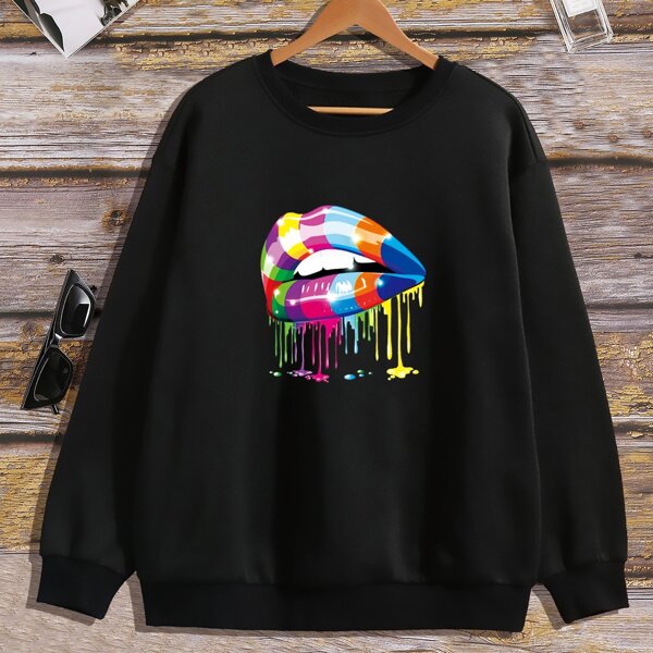 

Mouth Print Oversized Sweatshirt, Black