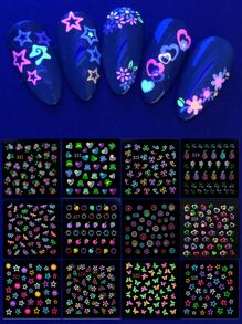 12 hojas Pegatinas de arte de uñas con diseño luminoso de mariposas y estrellas, estilo Y2K, calcomanías de arte de uñas, pegatinas de uñas DIY, suministros para uñas - Multicolor - Ver 2