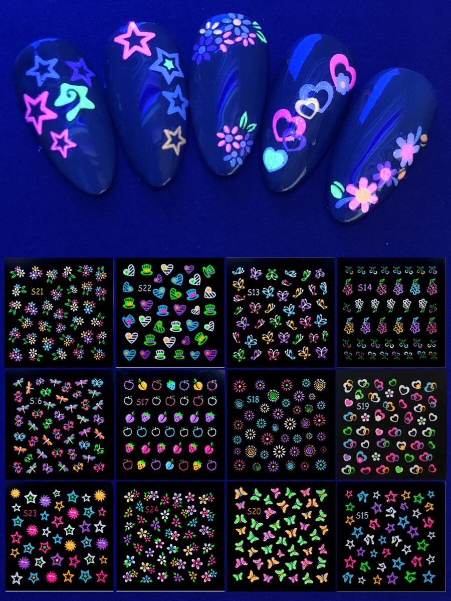 12sheets Luminous Butterfly & Star Pattern Nail Art Sticker Y2KStyle