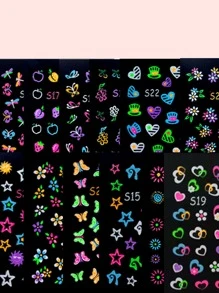 12 hojas Pegatinas de arte de uñas con diseño luminoso de mariposas y estrellas, estilo Y2K, calcomanías de arte de uñas, pegatinas de uñas DIY, suministros para uñas - Multicolor - Ver 4