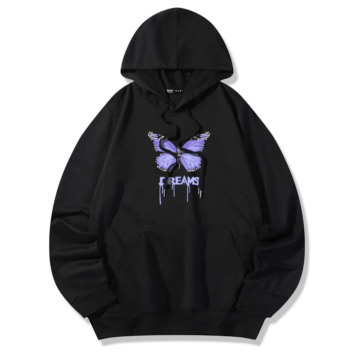 

Guys Letter Butterfly Graphic Kangaroo Pocket Drawstring Hoodie, Black