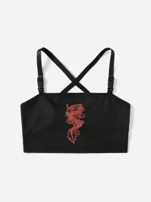 ROMWE Top de tirantes con estampado de dragón chino - Negro - Ver 1