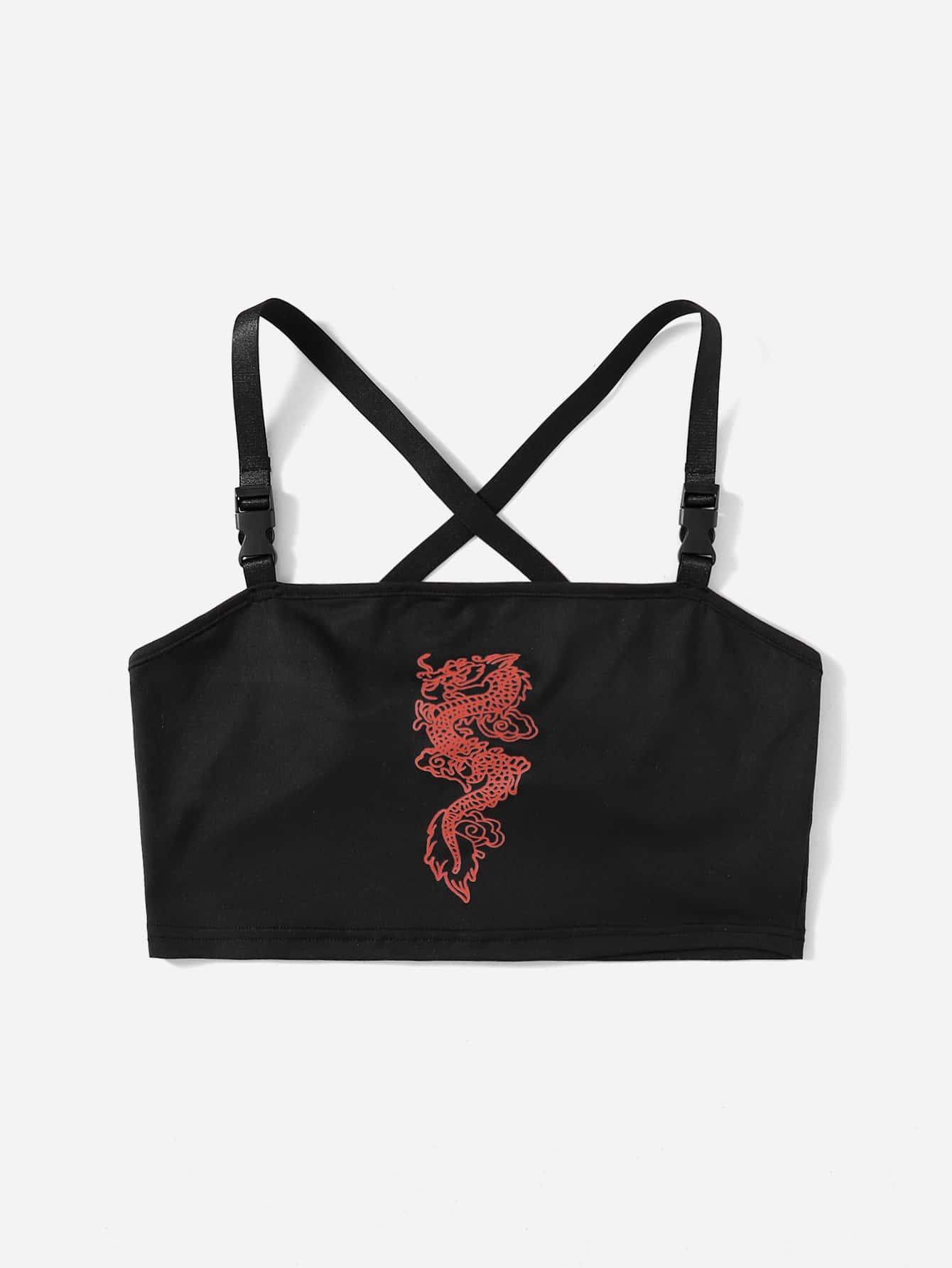 ROMWE Top de tirantes con estampado de dragón chino - Negro - Ver 1