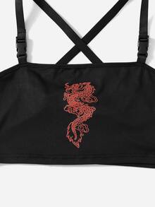 ROMWE Top de tirantes con estampado de dragón chino - Negro - Ver 4