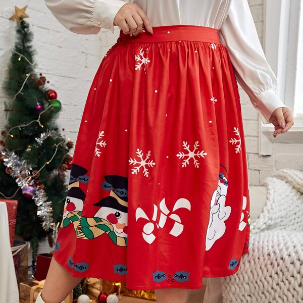 

Plus Christmas Print Flared Skirt, Red