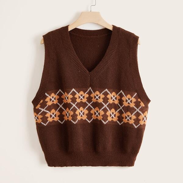 

Plus Flower & Geo Pattern Sweater Vest, Brown