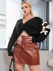 Plus Twist Front Drop Shoulder Bow Detail Jumper - Black - View 1