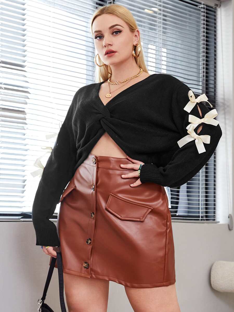 Plus Twist Front Drop Shoulder Bow Detail Jumper - Black - View 1