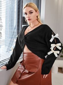Plus Twist Front Drop Shoulder Bow Detail Jumper - Black - View 3