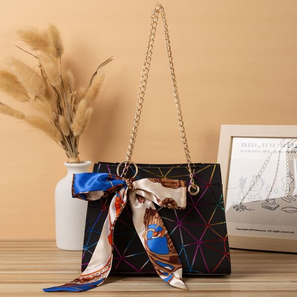 

Twilly Scarf Decor Geometric Pattern Chain Square Bag, Multicolor