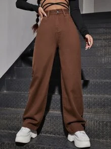 SHEIN EZwear High Waist Slant Pocket Boyfriend Jeans - Brown - View 1
