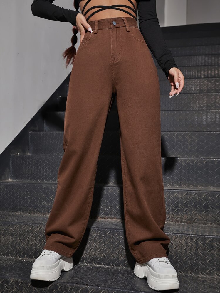 SHEIN EZwear 高腰斜口袋男友牛仔褲 - 棕色 - 查看 1
