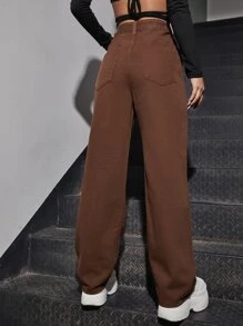 SHEIN EZwear High Waist Slant Pocket Boyfriend Jeans - Brown - View 2