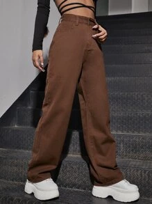 SHEIN EZwear High Waist Slant Pocket Boyfriend Jeans - Brown - View 4