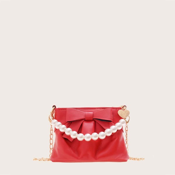 

Girls Faux Pearl Decor Chain Satchel Bag, Red