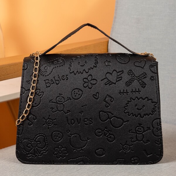 

Cartoon Embossed Flap Square Bag, Black