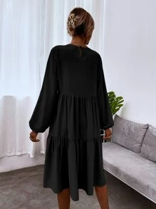 SHEIN LUNE Blouson Sleeve Keyhole Back Smock Dress - Black - View 2