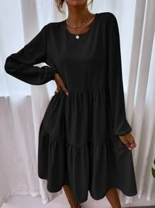 SHEIN LUNE Blouson Sleeve Keyhole Back Smock Dress - Black - View 3
