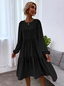 SHEIN LUNE Blouson Sleeve Keyhole Back Smock Dress - Black - View 4