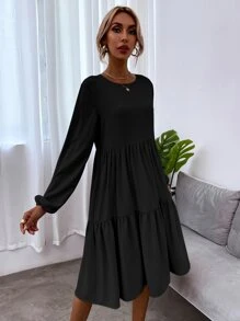 SHEIN LUNE Blouson Sleeve Keyhole Back Smock Dress - Black - View 5