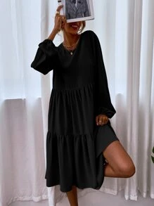 SHEIN LUNE Blouson Sleeve Keyhole Back Smock Dress - Black - View 6