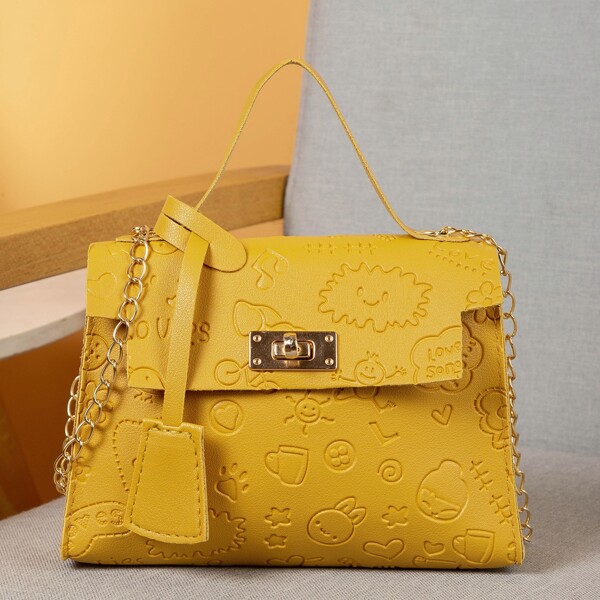 

Solid Cartoon Embossed Twist Lock Chain Satchel Bag, Yellow