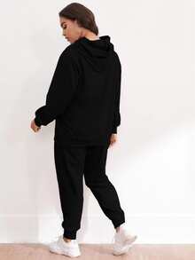 Plus Moon And Skeleton Print Drawstring Hoodie & Sweatpants - Black - View 2