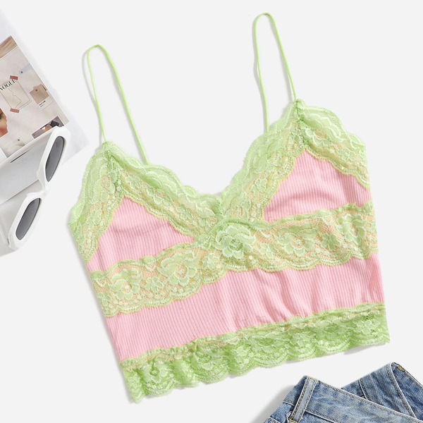 

Contrast Lace Panel Colorblock Cami Top, Multicolor