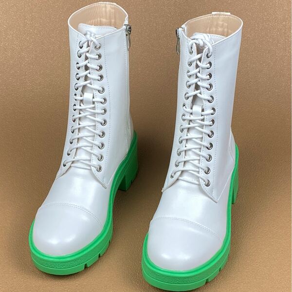 

Minimalist Side Zipper Lace Up Decor Combat Boots, White