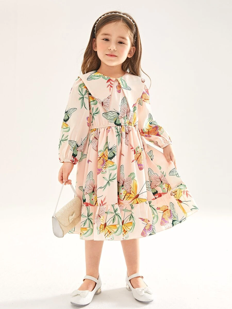SHEIN Toddler Girls Butterfly Print Sailor Collar Ruffle Hem Dress - Multicolor - View 1