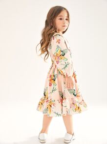 SHEIN Toddler Girls Butterfly Print Sailor Collar Ruffle Hem Dress - Multicolor - View 2