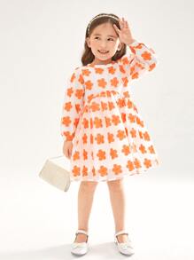 SHEIN 小女童滿版印花燈籠袖歐根紗洋裝