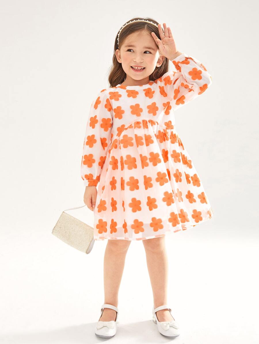 SHEIN 小女童滿版印花燈籠袖歐根紗洋裝