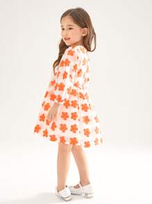 SHEIN 小女童滿版印花燈籠袖歐根紗洋裝