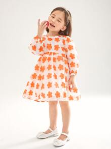 SHEIN 小女童滿版印花燈籠袖歐根紗洋裝