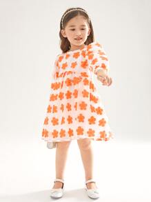 SHEIN 小女童滿版印花燈籠袖歐根紗洋裝