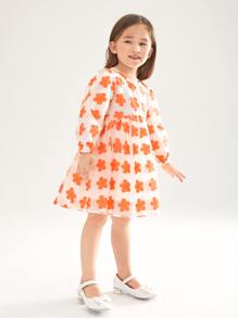 SHEIN 小女童滿版印花燈籠袖歐根紗洋裝