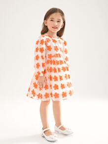 SHEIN 小女童滿版印花燈籠袖歐根紗洋裝