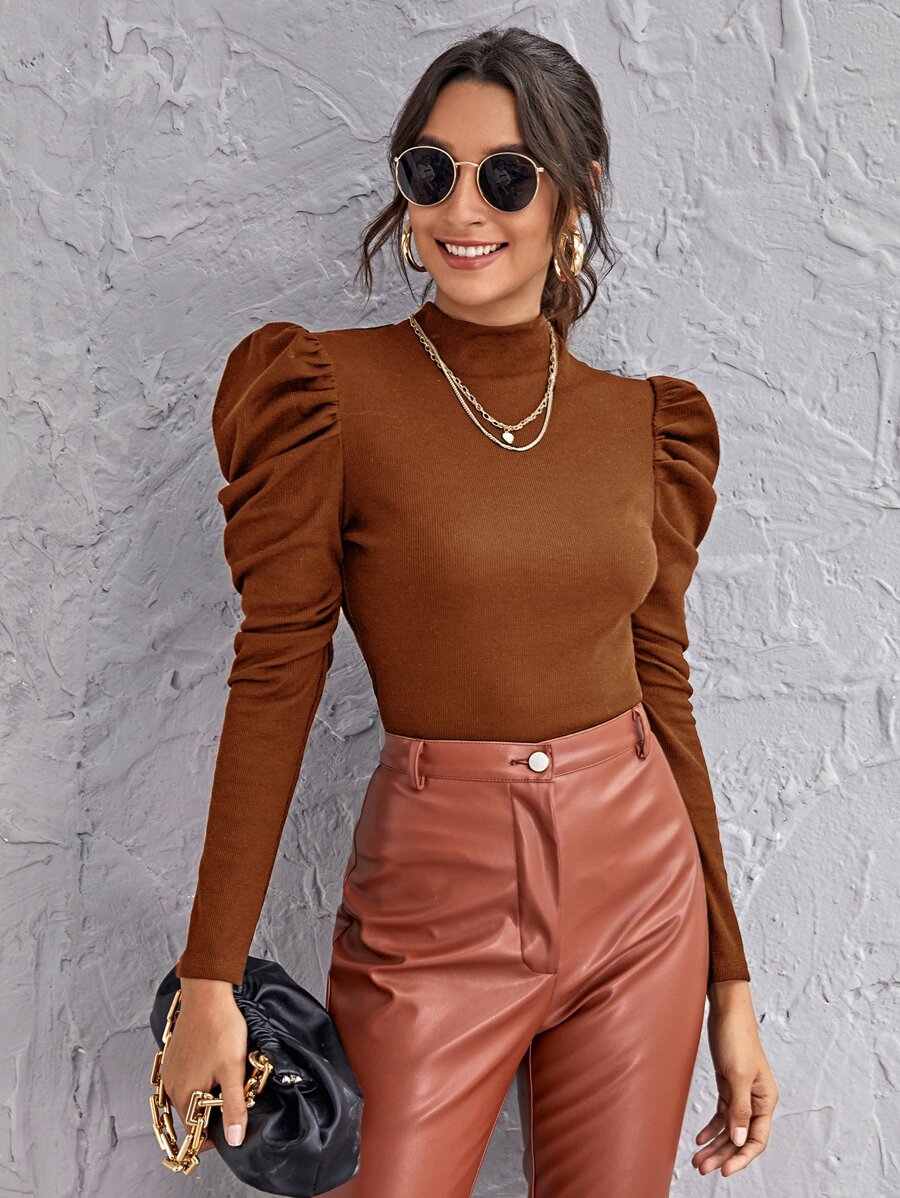 SHEIN Privé Áo thun nữ Gân đan màu trơn Thanh lịch - màu nâu - Xem 1