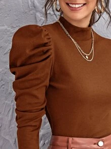 SHEIN Privé Áo thun nữ Gân đan màu trơn Thanh lịch - màu nâu - Xem 3