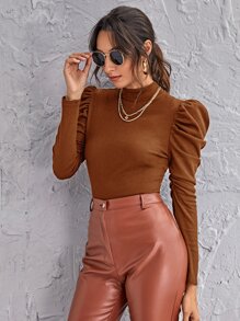SHEIN Privé Áo thun nữ Gân đan màu trơn Thanh lịch - màu nâu - Xem 4