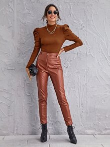 SHEIN Privé Áo thun nữ Gân đan màu trơn Thanh lịch - màu nâu - Xem 5