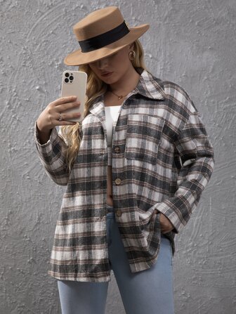 Plus Plaid Print Button Front Coat