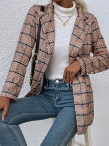 Double Breasted Lapel Collar Plaid Overcoat - Multicolor - View 1